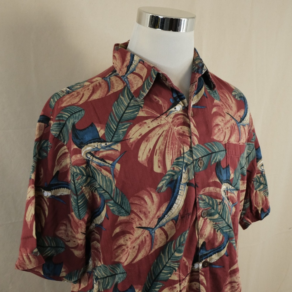 Guy Harvey Aftco Blue Water Small Hawaiian Shirt Red Fish Tropical Print